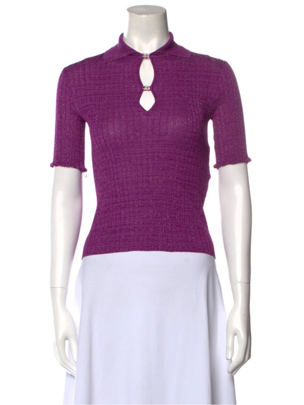 CHANEL Violet Knit Keyhole Short-Sleeve Top - Picture 2 of 3